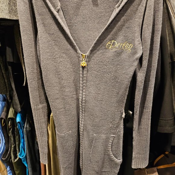 Grey knee length zippered Dereon hooded sweater - Size S - Picture 1 of 4